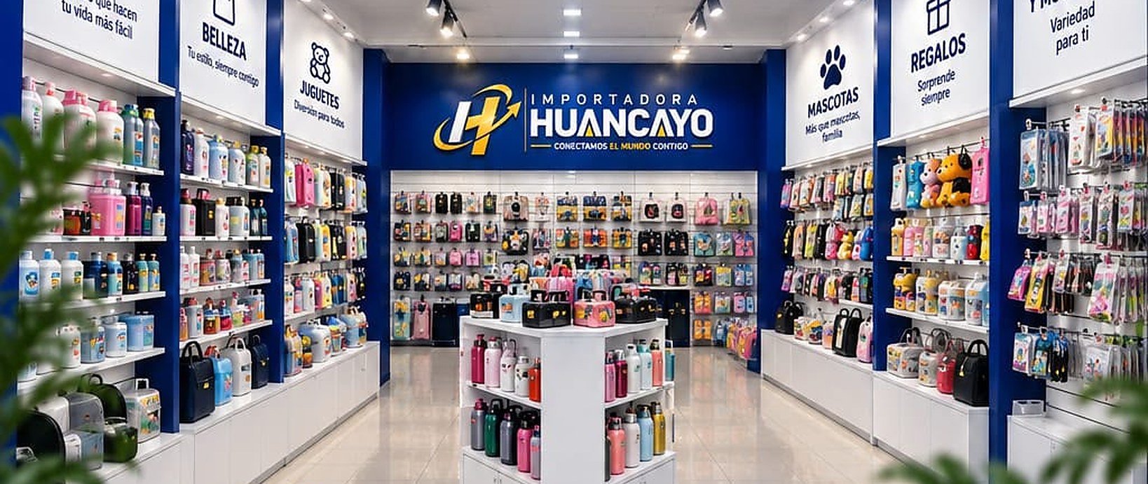 Interior de la tienda Importadora Huancayo, con góndolas de productos para hogar, belleza, juguetes y mascotas